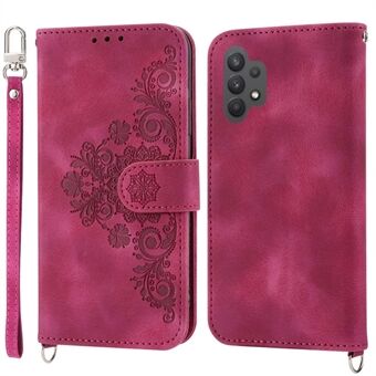 Drop-proof Phone Case for Samsung Galaxy A32 4G (EU Version), Skin-touch Imprinted Flowers Pattern Multiple Card Slots Stand Wallet Phone Cover with Wrist and Shoulder Straps