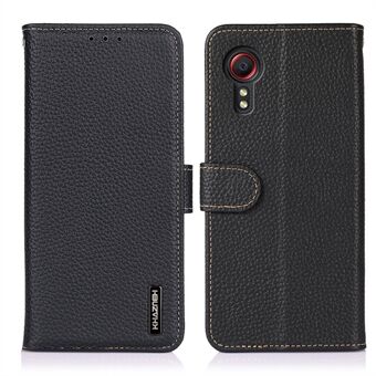 KHAZNEH for Samsung Galaxy Xcover 5 Wallet Design Litchi Texture Top Layer Genuine Leather Shell Cell Phone Stand Case - Black