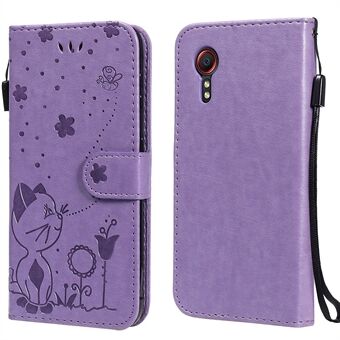 Magnetic Closing KT Imprinting Flower Series-4 Cat and Bee Pattern Imprinting Leather Wallet Stand Case for Samsung Galaxy Xcover 5