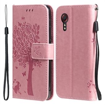 KT Imprinting Flower Series-3 Imprinted Cat Tree Leather Coated TPU Card Holder Case with Kickstand for Samsung Galaxy Xcover 5