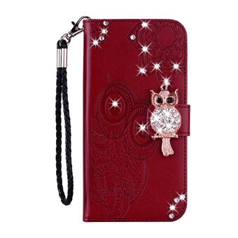 Owl Imprint Rhinestone Decor Leather Phone Cover for Samsung Galaxy A22 5G (EU Version)