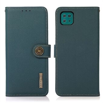 KHAZNEH Textured Genuine Leather Cell Phone Covering Case with RFID Anti-theft Swiping Design for Samsung Galaxy A22 5G (EU Version)