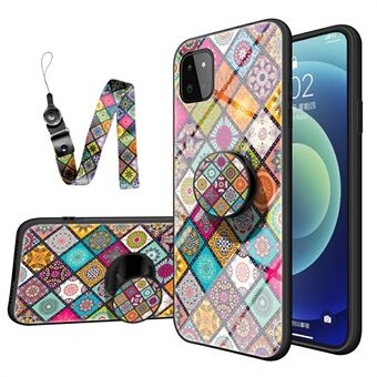 Colorful Printed Glass + PC + TPU Hybrid Phone Cover Case with Kickstand Strap for Samsung Galaxy A22 5G (EU Version)