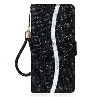 Glittery Powder Splicing Leather Wallet Stand Design Shell Case with Strap for Samsung Galaxy A22 5G (EU Version)