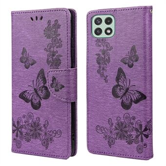 Butterfly Flower Imprinted PU Leather Wallet Magnetic Flip Folio TPU Soft Bumper Cover for Samsung Galaxy A22 5G (EU Version)