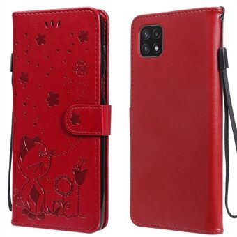 KT Imprinting Flower Series-4 Cat and Bee Pattern Imprinting Leather Wallet Stand Case with Magnetic Closure for Samsung Galaxy A22 5G (EU Version)