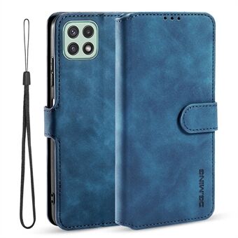 DG.MING Retro Style Leather Folio Flip Wallet Stand Cover with Strap for Samsung Galaxy A22 5G (EU Version)