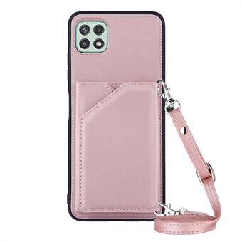 Skin-touch Feel Kickstand Card Slots Design PU Leather Coated TPU Phone Case Cover with Lanyard for Samsung Galaxy A22 5G (EU Version)