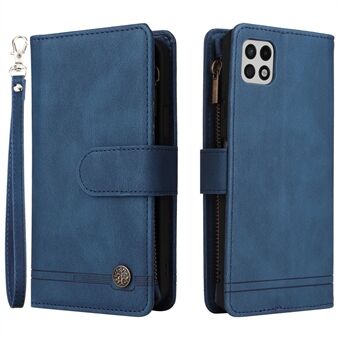 Imprinting Stripes Zipper Pocket Leather Cover Foldable Stand Card Slots Phone Case Shell for Samsung Galaxy A22 5G (EU Version)