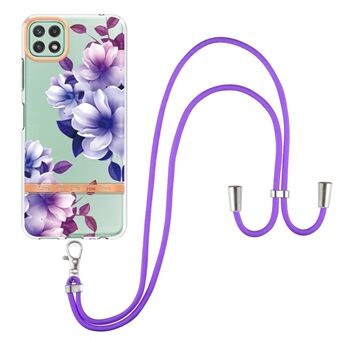 For Samsung Galaxy A22 5G (EU Version) YB IMD-9 Series Lanyard Design Soft TPU Case Flower Pattern IMD IML Electroplating Phone Cover