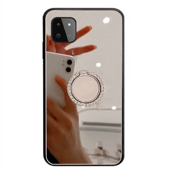 For Samsung Galaxy A22 5G (EU Version) Mirror Design PC + TPU Hybrid Phone Case with Rhinestone Built-in Metal Sheet Ring Kickstand