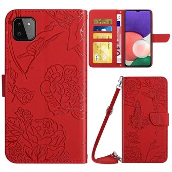 Imprinting Butterfly Flower Phone Case for Samsung Galaxy A22 5G (EU Version), Shoulder Strap Design Skin-touch PU Leather Wallet Stand Anti-scratch Cover