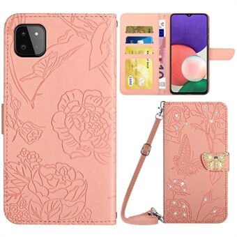 For Samsung Galaxy A22 5G (EU Version) Butterfly Flowers Imprinted Rhinestone Decor Phone Cover Wallet Stand Leather Case with Shoulder Strap