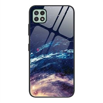 For Samsung Galaxy A22 5G (EU Version) Pattern Printing Hybrid Shockproof Case Hard Tempered Glass+PC Back Soft TPU Frame Shock Absorption Cover