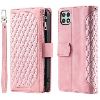 005 Phone Case Pouch for Samsung Galaxy A22 5G (EU Version), Anti-scratch Rhombus Grid Textured PU Leather Zipper Pocket Stand Wallet Phone Case with Multiple Card Slots and Handy Strap