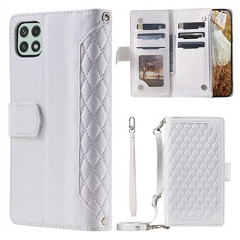 Phone Flip Cover For Samsung Galaxy A22 5G (EU Version) / A22s 5G, 005 Style Shockproof Rhombus Texture PU Leather Wallet Stand Zipper Pocket Phone Shell Card Holder