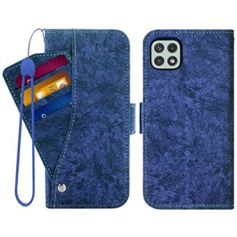 For Samsung Galaxy A22 5G (EU Version) Shock Absorption PU Leather Flip Phone Case Water-ink Painting Texture Rotating Card Slots Holder Stand Wallet Cover with Strap