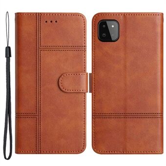 For Samsung Galaxy A22 5G (EU Version) PU Leather Folio Flip Cover Lines Imprinted Wallet Stand Magnetic Business Case with Strap