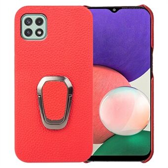 For Samsung Galaxy A22 5G (EU Version) Genuine Leather Coated PC Anti-scratch Case Ring Kickstand Litchi Texture Phone Back Cover