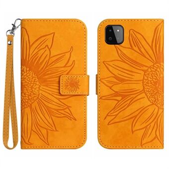 For Samsung Galaxy A22 5G (EU Version) HT04 Skin-Touch Sunflower Imprinted Phone Cover Wallet Scratch-proof Anti-drop Phone Case Stand with Hand Strap