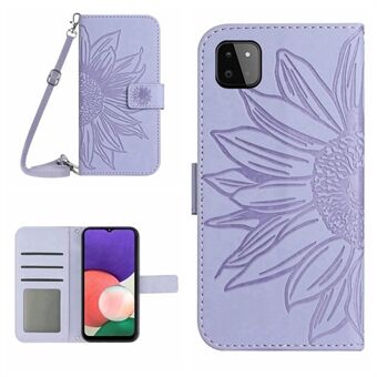 For Samsung Galaxy A22 5G (EU Version) HT04 Imprinted Sunflower PU Leather Smartphone Cover Stand Drop-proof Skin-touch Phone Wallet Case with Shoulder Strap