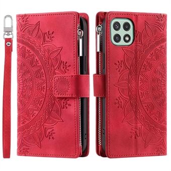 For Samsung Galaxy A22 5G (EU Version) Drop-proof Phone Case Zipper Pocket Wallet Mandala Flower Imprinted PU Leather Stand Cover Multiple Card Slots