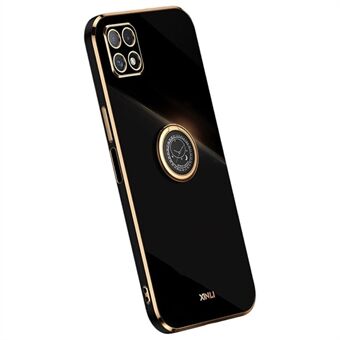 XINLI For Samsung Galaxy A22 5G (EU Version) Anti-collision Precise Lens Cutout Phone Case with Ring Kickstand Electroplating Golden Edge Soft TPU Cover