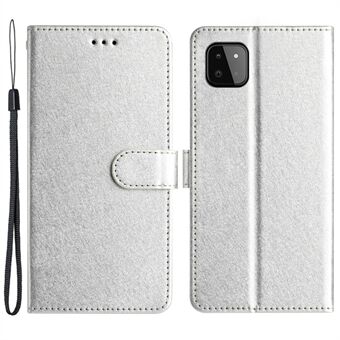 Phone Wallet for Samsung Galaxy A22 5G (EU Version) PU Leather Stand Cover Hand Strap Silk Texture Flip Case