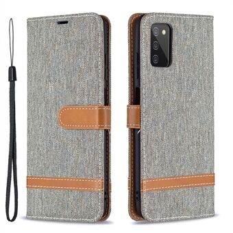 Color Splicing Jeans Cloth Coated Leather Wallet Stand Phone Case for Samsung Galaxy A03s (166.5 x 75.98 x 9.14mm)