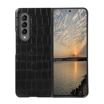 Crocodile Skin Genuine Leather + PC Hybrid Phone Back Case for Samsung Galaxy Z Fold3 5G - Black