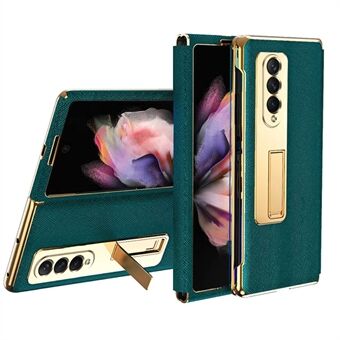 Leather Coated PC with Electroplating Frame Folding Phone Case Cover with Kickstand for Samsung Galaxy Z Fold3 5G