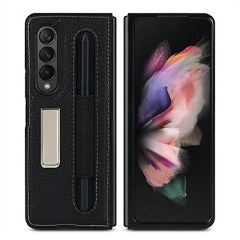 Anti-Collision Litchi Texture Genuine Leather Coated TPU Case with Hidden Kickstand for Samsung Galaxy Z Fold3 5G - Black