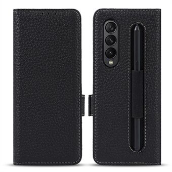 For Samsung Galaxy Z Fold3 5G Litchi Texture Genuine Leather Dual Magnetic Clasp Wallet Stand Phone Case Cover with Pen Slot