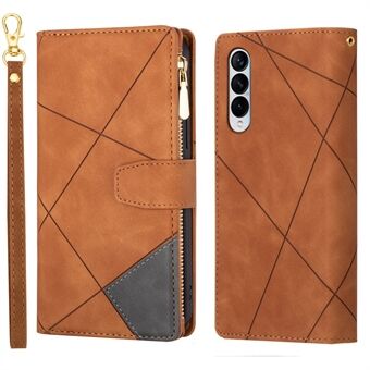 Color Splicing Imprinting Lines Design Leather Phone Cover Wallet Stand Case with Zipper Pocket for Samsung Galaxy Z Fold3 5G