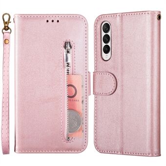 Wallet Stand Design Zipper Pocket Textured Anti-shock PU Leather Coated TPU Phone Case Cover for Samsung Galaxy Z Fold3 5G