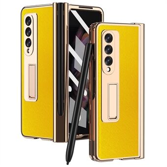 Screen Protector Design Cross Texture PU Leather Coated TPU + PC Phone Case with Hinge Pen Holder and Kickstand for Samsung Galaxy Z Fold3 5G