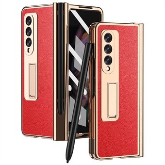 Litchi Texture Screen Protector PU Leather Coated TPU + PC Kickstand Phone Case Shell with Hinge Pen Holder for Samsung Galaxy Z Fold3 5G