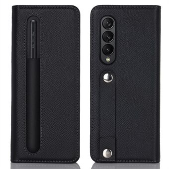 Textured Genuine Leather Case Hand Band Wallet Stand Cover with Pen Slot for Samsung Galaxy Z Fold3 5G