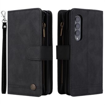 Imprinting Stripes Skin-touch PU Leather Cover Zipper Pocket Multiple Card Slots Phone Case with Stand for Samsung Galaxy Z Fold3 5G