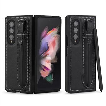 POLA Pen Slot Design Anti-scratch Top Layer Genuine Leather Coated Hard PC Phone Case Shell for Samsung Galaxy Z Fold3 5G - Black