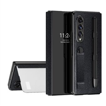 Mirror Surface PU Leather + PC Case Hand Band Automatic Magnetic Stand Design Phone Cover with Pen Slot for Samsung Galaxy Z Fold3 5G