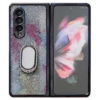 For Samsung Galaxy Z Fold3 5G Rhinestone Decor Ring Kickstand Hard PC Folding Phone Case Cover with Tempered Glass Screen Protector