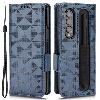 For Samsung Galaxy Z Fold3 5G Drop-proof Phone Flip Wallet Case with Pen Slot Triangle Pattern Imprinted Protective Cover Stand