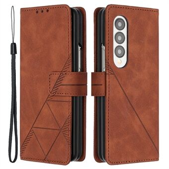 YB Imprinting Series-1 For Samsung Galaxy Z Fold3 5G Imprinted Lines Business PU Leather Phone Cover Full Body Protective Stand Flip Wallet Case with Strap