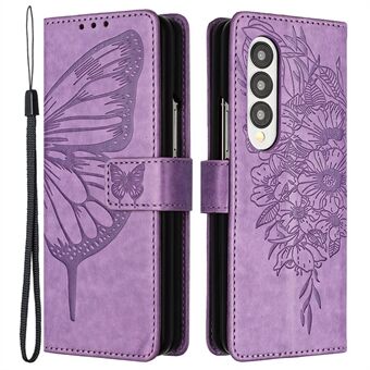 YB Imprinting Series-4 for Samsung Galaxy Z Fold3 5G PU Leather Flip Protective Phone Case Butterfly Flower Imprinted Wallet Stand Folio Cover with Strap