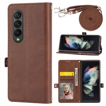 For Samsung Galaxy Z Fold3 5G Imprinted Rhombus Pattern Stand Folding Phone Case Calf Texture PU Leather Wallet Cover with Shoulder Strap