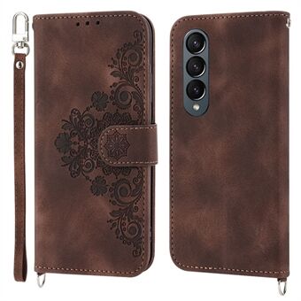 For Samsung Galaxy Z Fold3 5G Imprinted Flowers Skin-touch Phone Case PU Leather Wallet Stand Magnetic Clasp Cover with Shoulder Strap