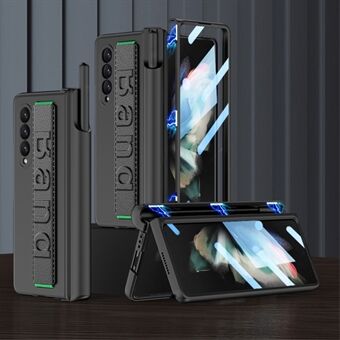 GKK For Samsung Galaxy Z Fold3 5G Magnetic Hinge Hard PC Case Full Protection Anti-Resistant Wristband Phone Cover with Tempered Glass Film and Pen Holder