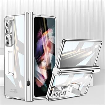 For Samsung Galaxy Z Fold3 5G Magnetic Pen Slot PC Case Kickstand Phone Cover with Tempered Glass Film  /  Stylus Pen