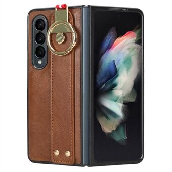 Phone Cover for Samsung Galaxy Z Fold3 5G Anti-scratch Wristband Leather Coating PC+TPU Case with Neck Strap